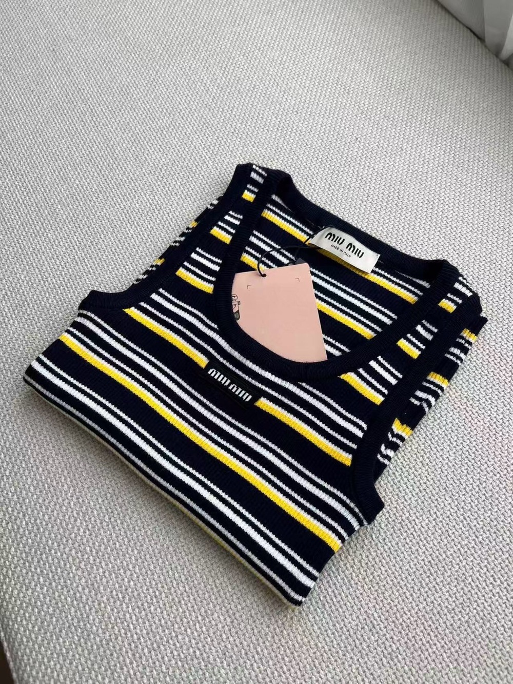 Miu Miu Navy, White & Yellow Striped Knit Tank